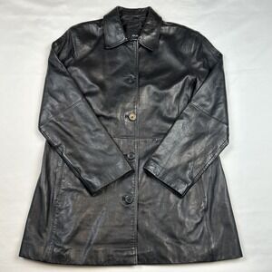 VTG JLC New York Leather Jacket Women's Large Black 5 Button Overcoat Car Coat